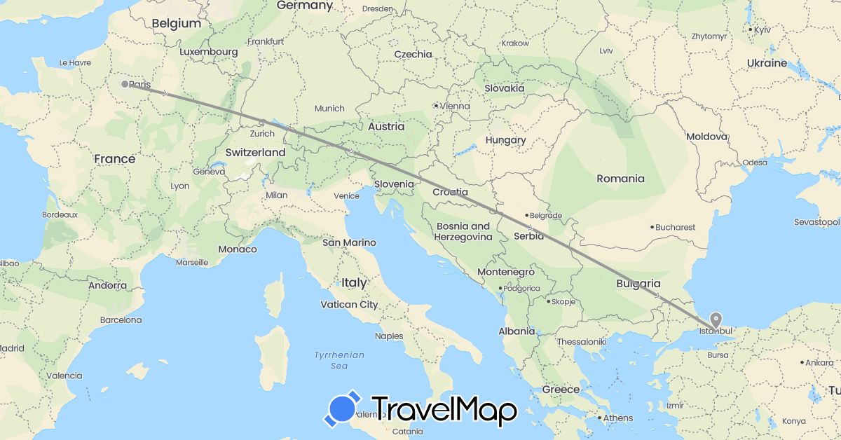 TravelMap itinerary: driving, plane in France, Turkey (Asia, Europe)